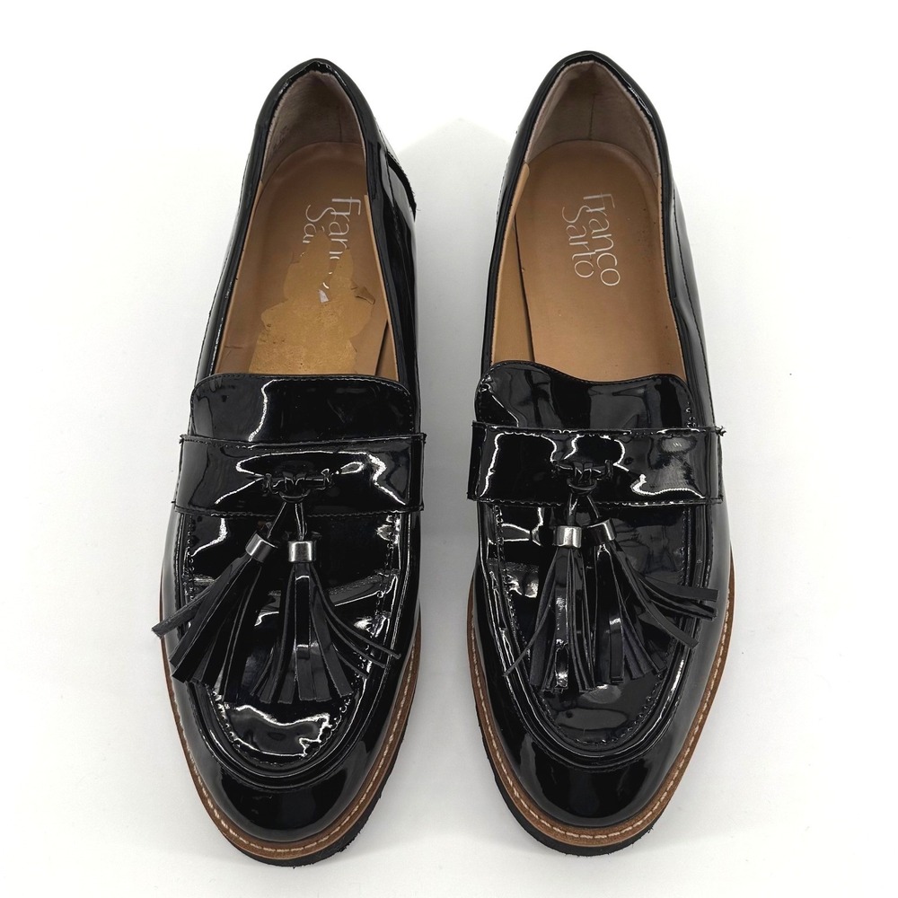 Franco Sarto Tassel Loafers Women 8.5 Black Patent Leather Flats Preppy Office